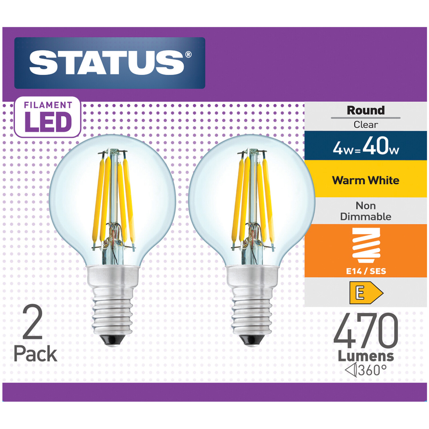 Pack of 2 Round Filament LED 4W Lightbulbs - Small Edison Screw / SES Image 1