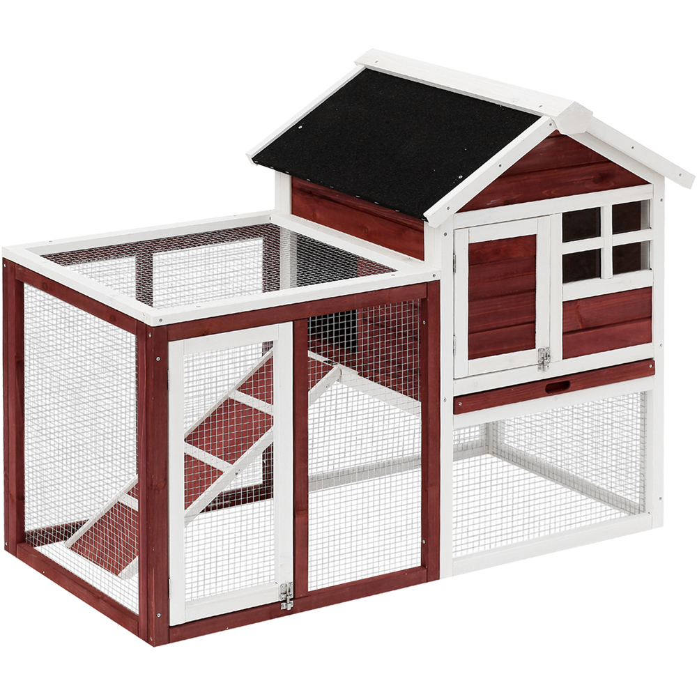 PawHut Red Wooden 2 Tier Rabbit Hutch with Ladder Image 1
