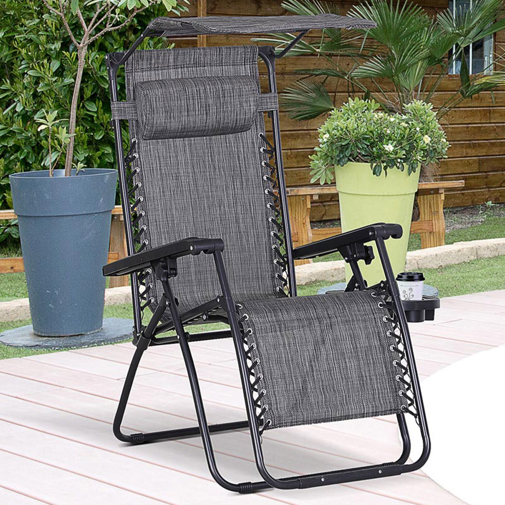 Outsunny Grey Zero Gravity Foldable Garden Recliner Chair with Canopy Image 1