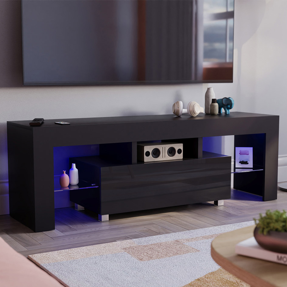 Vida Designs Luna Single Drawer Black TV Unit with LED Image 1