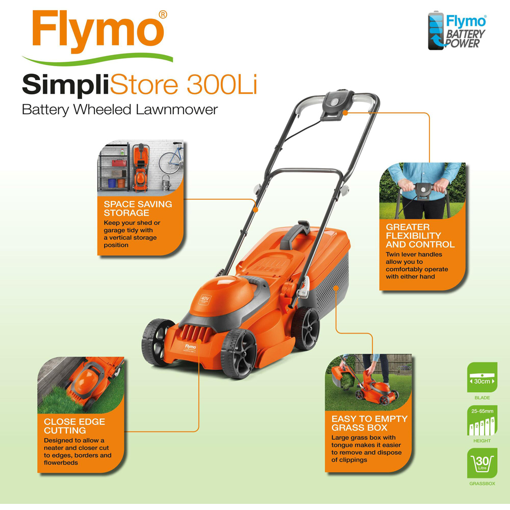 Flymo 9705395-01 40V SimpliStore 300Li 30cm Cordless Rotary Lawn Mower Image 9