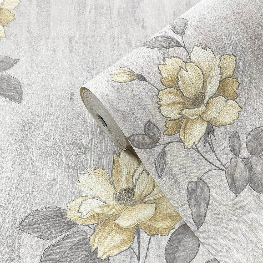Muriva Darcy James Oleana Floral Ochre and Grey Wallpaper Image 2
