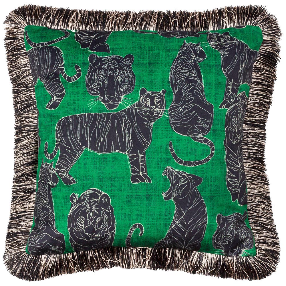 furn. Wildcat Jungle Green Velvet Fringed Cushion Image 1