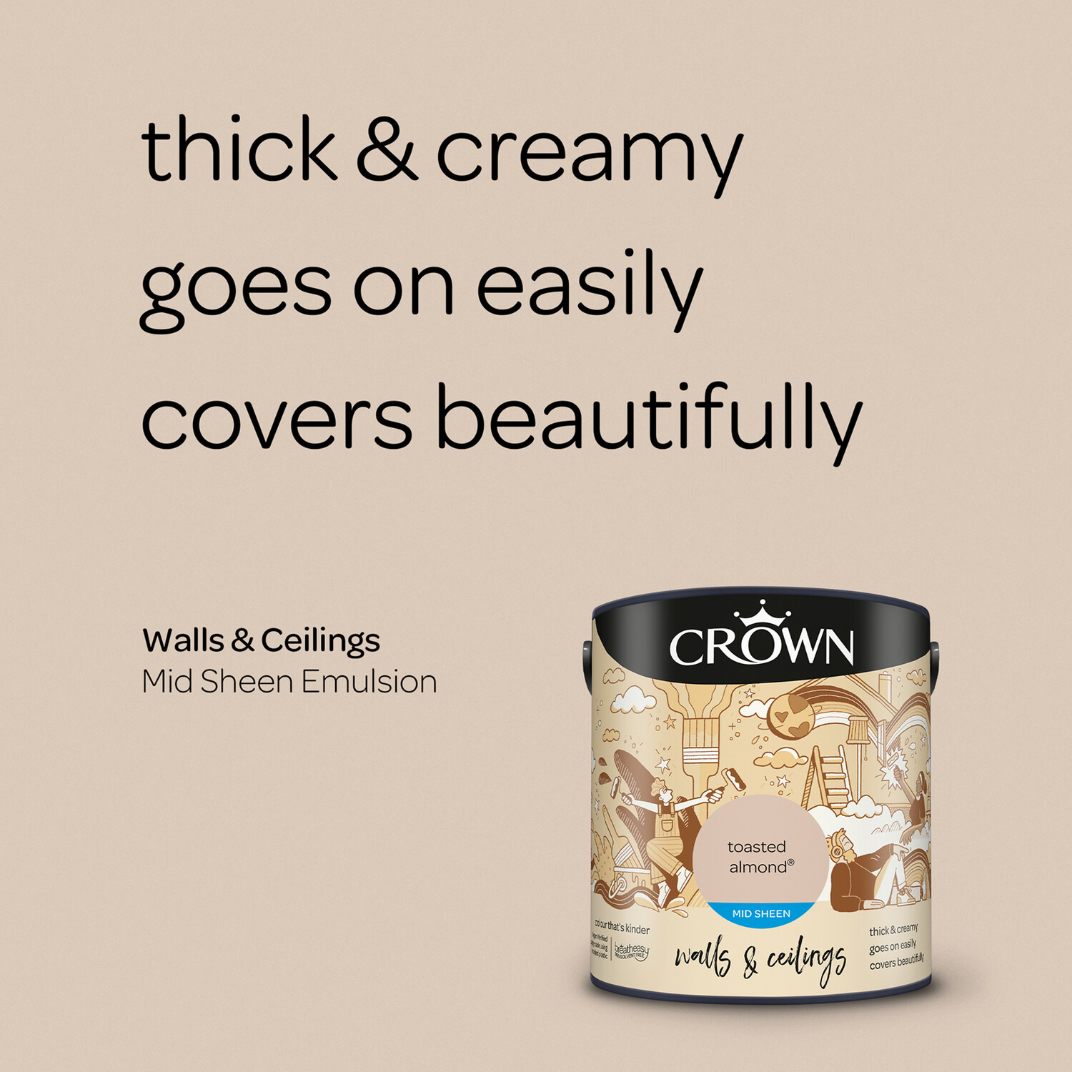 Crown Walls & Ceilings Toasted Almond Mid Sheen Emulsion Paint 2.5L Image 8