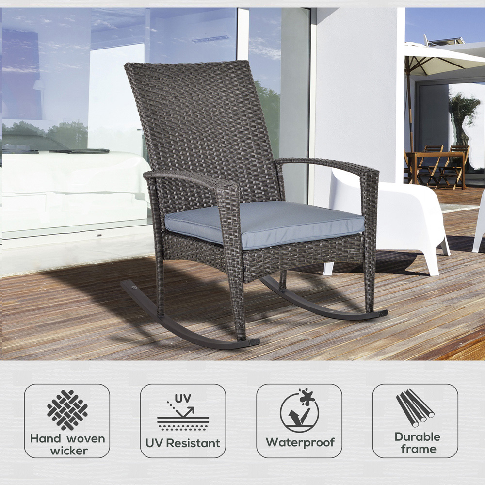 Outsunny Grey PE Rattan Rocking Chair with Cushion Image 5