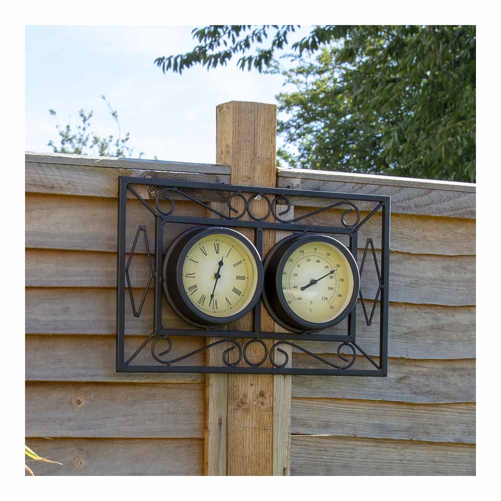 Charles Bentley Black Garden Clock with Thermometer 46 x 28.5cm Image 2