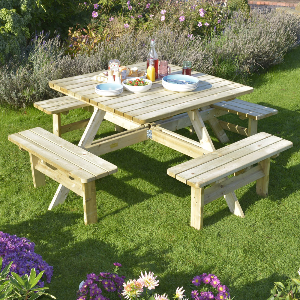 Rowlinson Natural Softwood 8 Seater Square Picnic Table Image 1