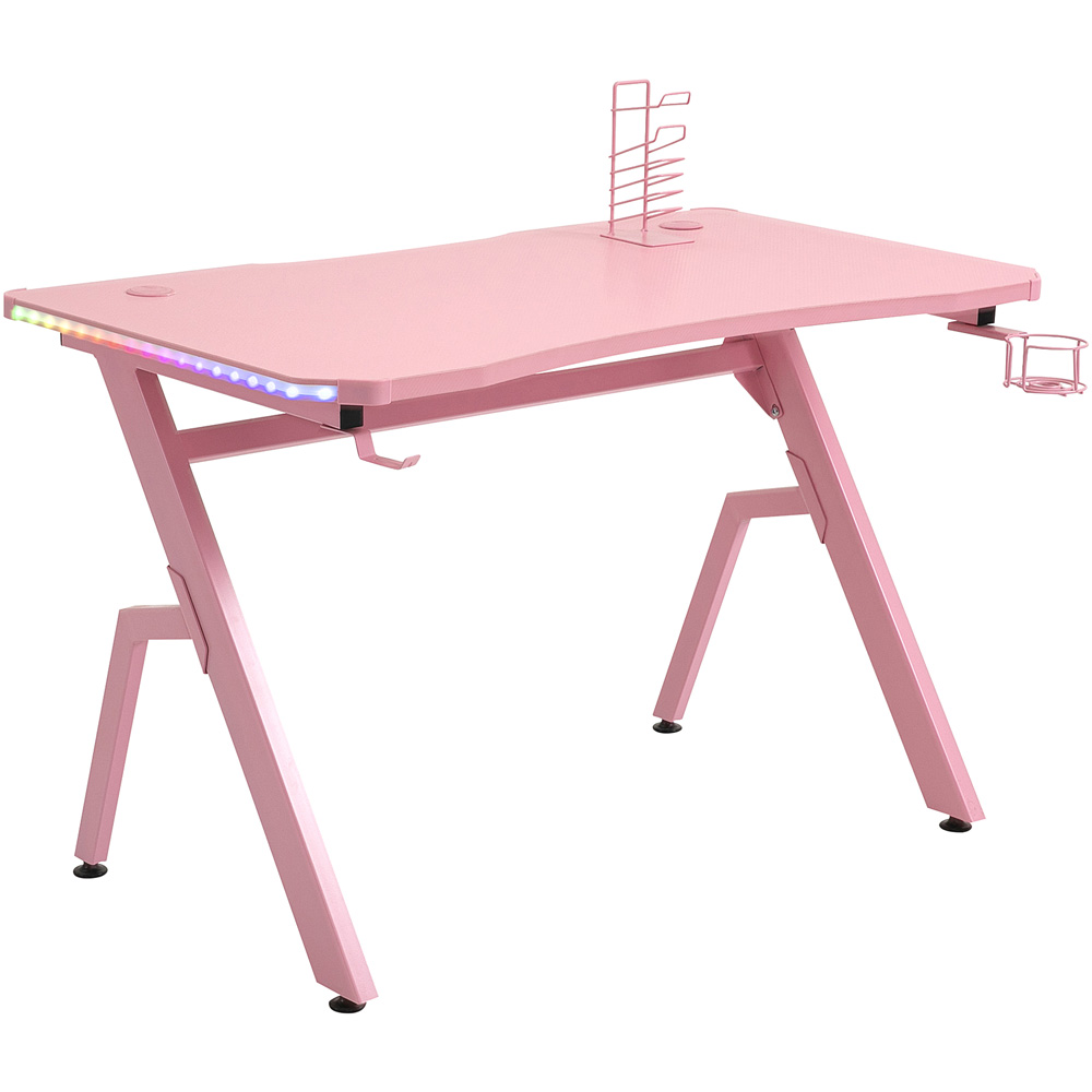 Portland LED Ergonomic Gaming Desk with Cup Holder Pink Image 2