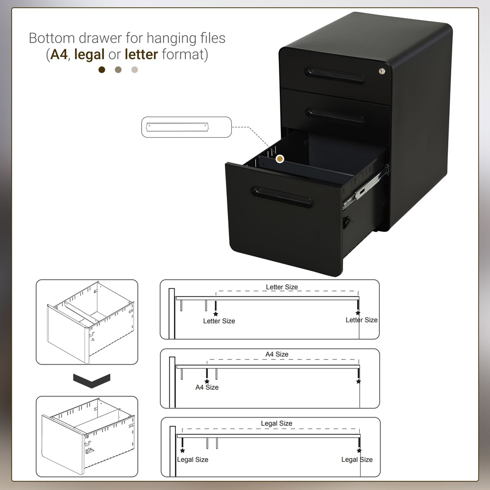 Vinsetto Black 3 Drawer File Cabinet Image 4