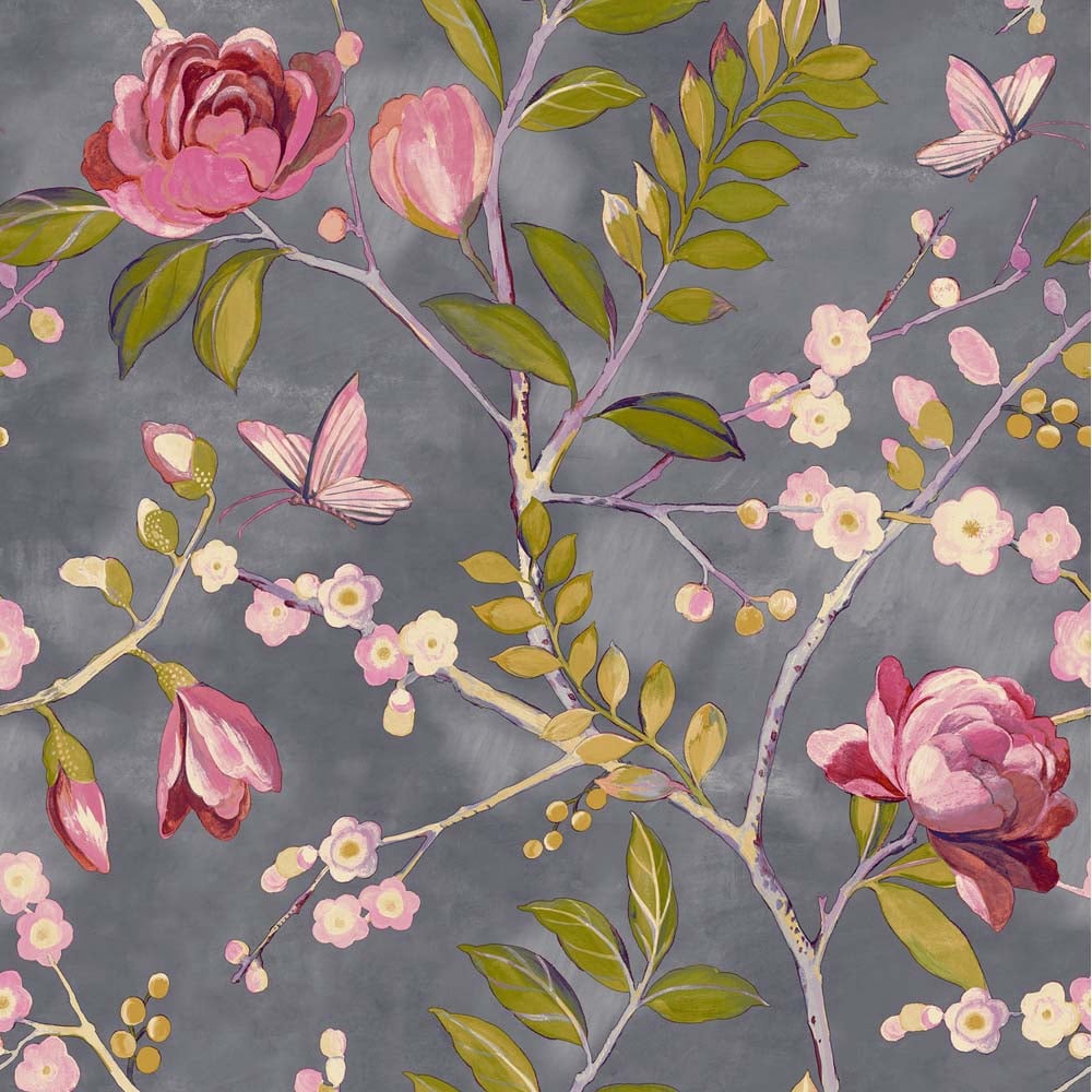 Grandeco Lola Painted Floral Trail Charcoal and Pink Wallpaper Image 1