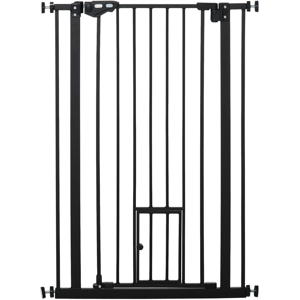 PawHut Black 74-80cm Wide Extra Tall Pet Safety Gate with Cat Flap Image 1