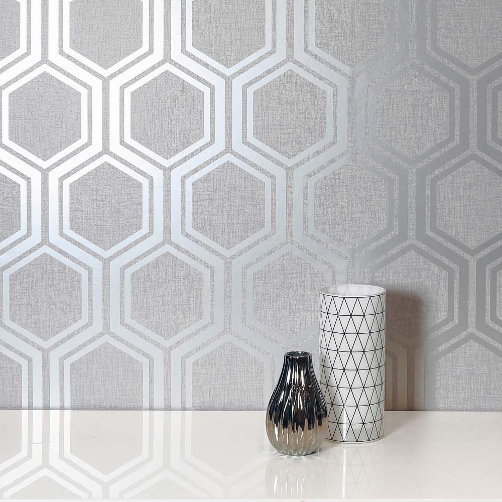Arthouse Luxe Hexagon Grey and Silver Wallpaper Image 4
