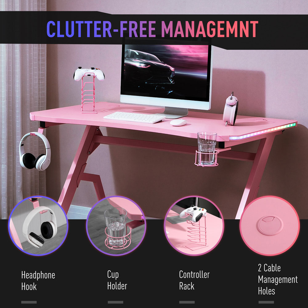 Portland LED Ergonomic Gaming Desk with Cup Holder Pink Image 4