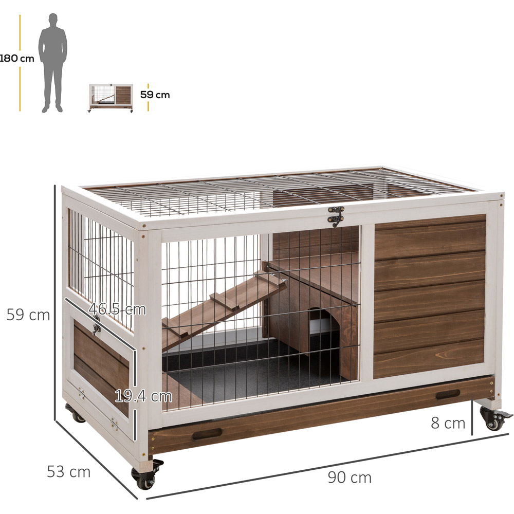 PawHut Brown Wooden Elevated Rabbit Hutch with Wheels Image 6