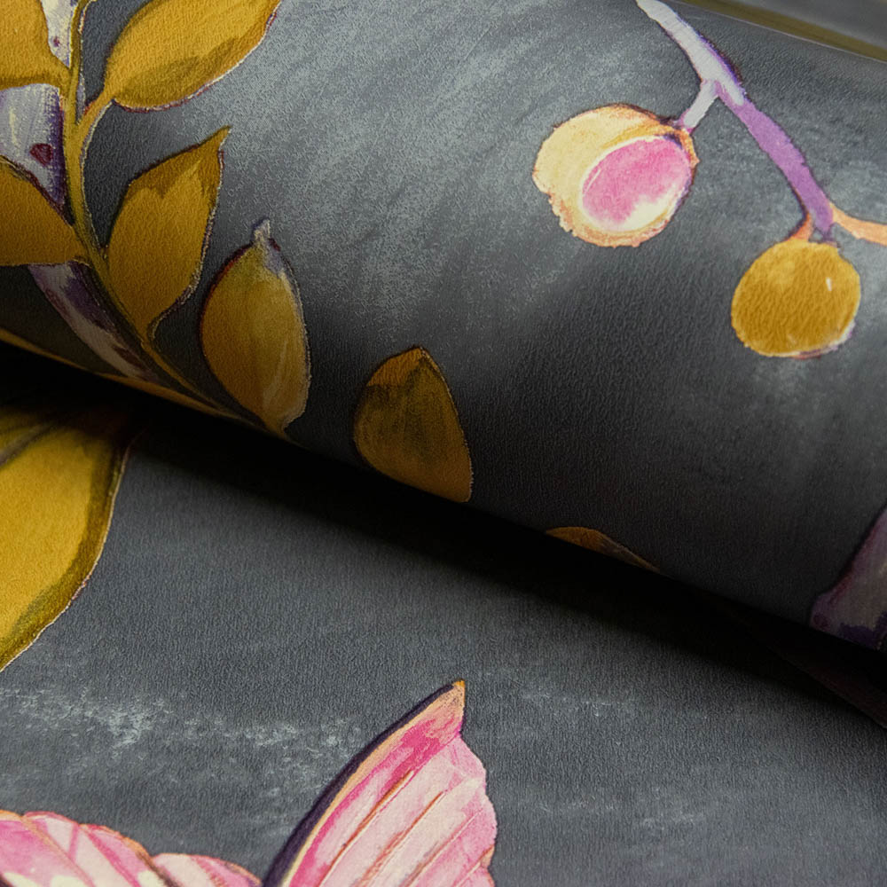 Grandeco Lola Painted Floral Trail Charcoal and Pink Wallpaper Image 3