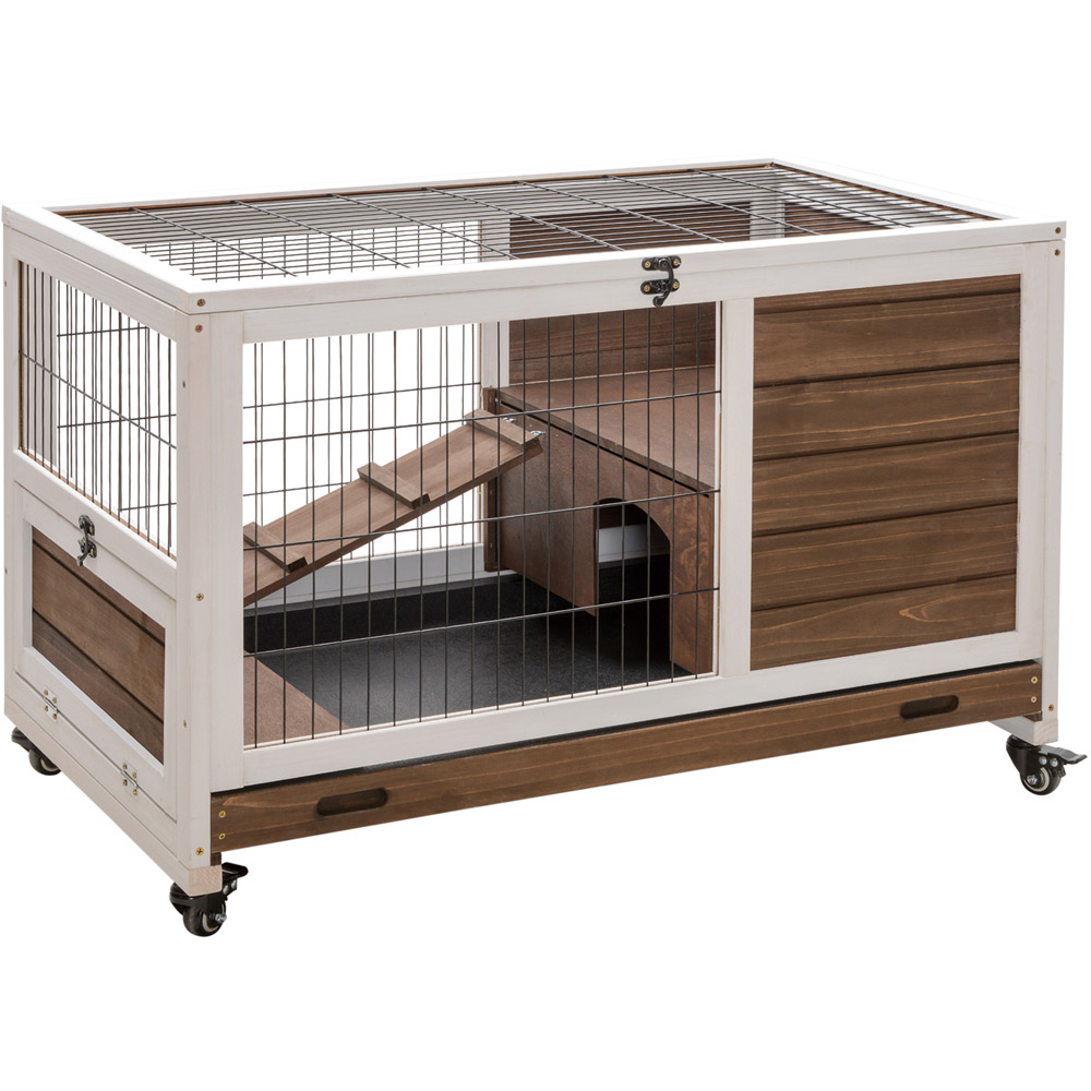 PawHut Brown Wooden Elevated Rabbit Hutch with Wheels Image 1