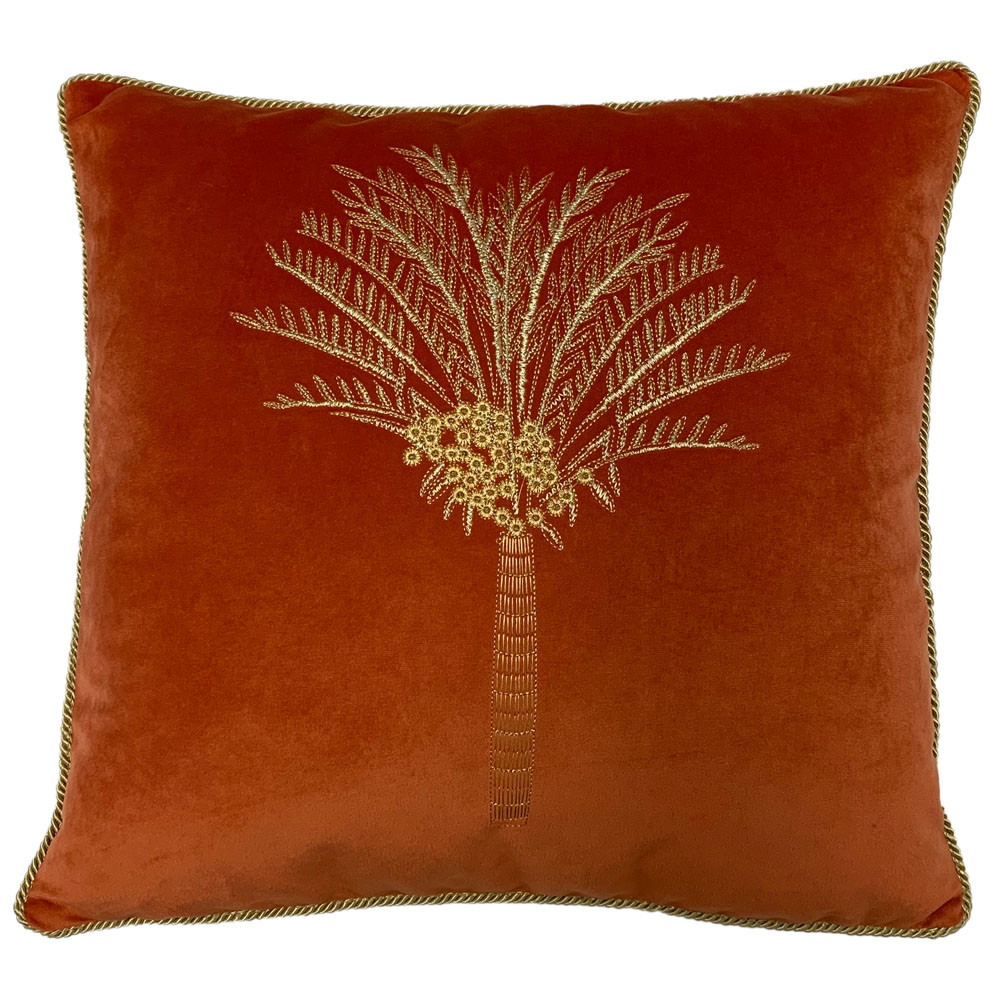 furn. Desert Palm Coral Embroidered Velvet Cushion Image 1