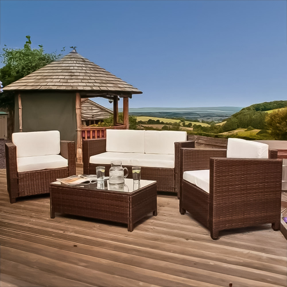 Brooklyn 4 Seater Brown Rattan Sofa Chair and Table Set with Back Pads and Cover Image 1