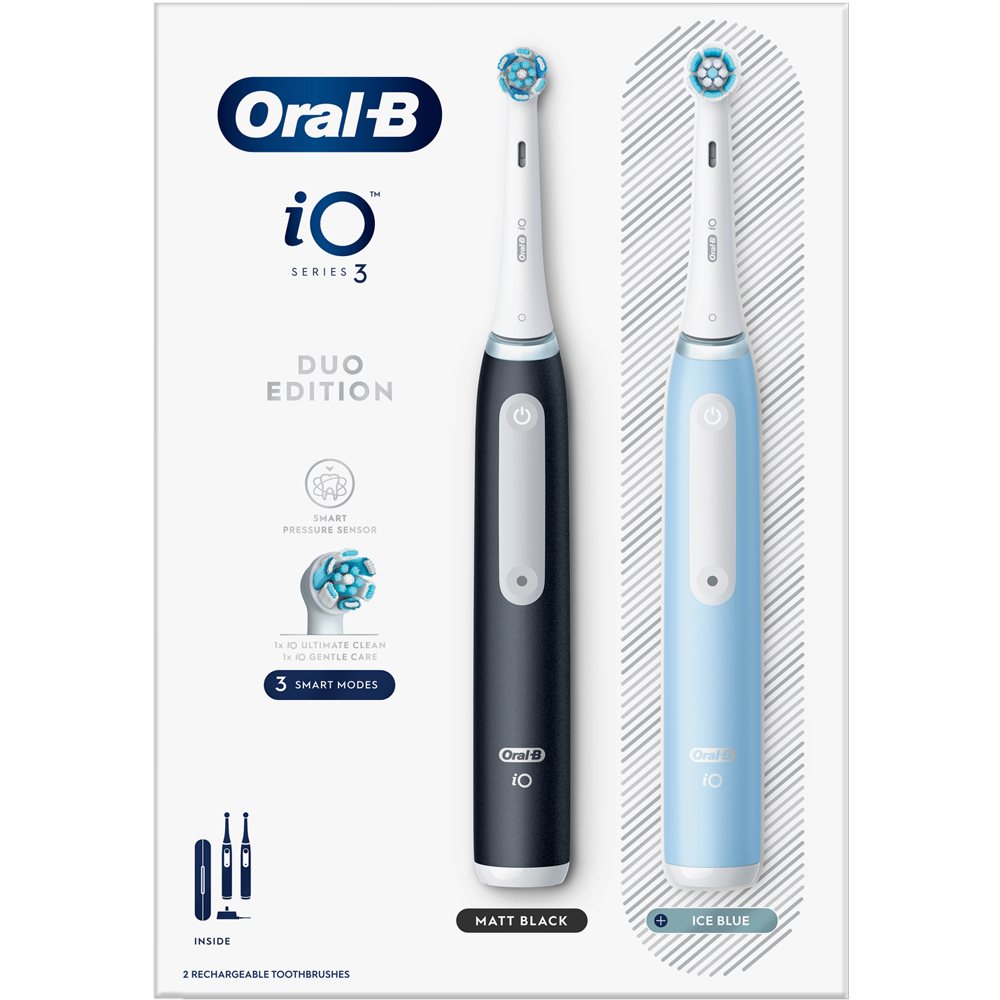 Oral-B iO3 Matt Black and Ice Blue Electric Toothbrush Duo with Case Image 2