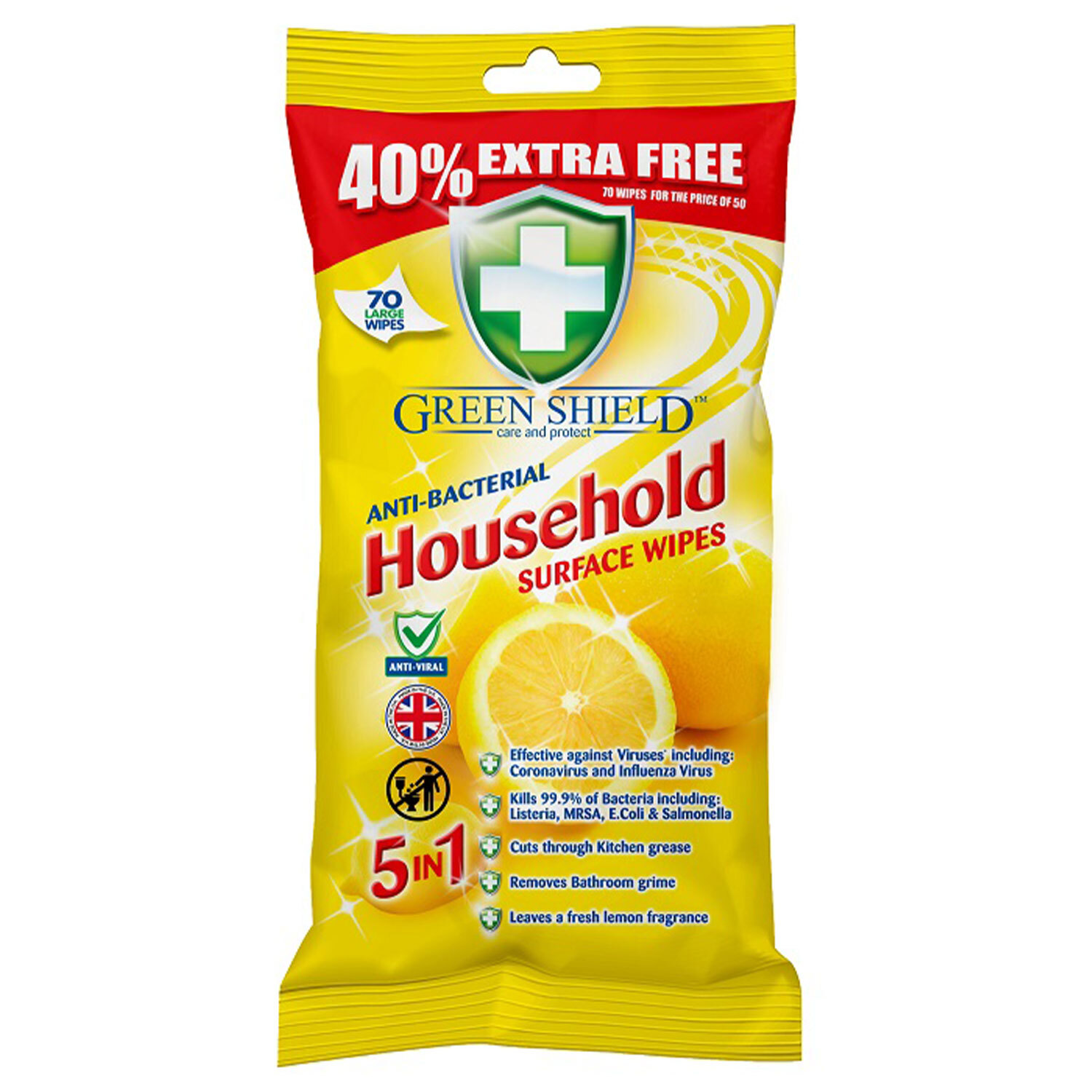Greenshield Antibacterial Household Surface Wipe 70 Pack Image 1