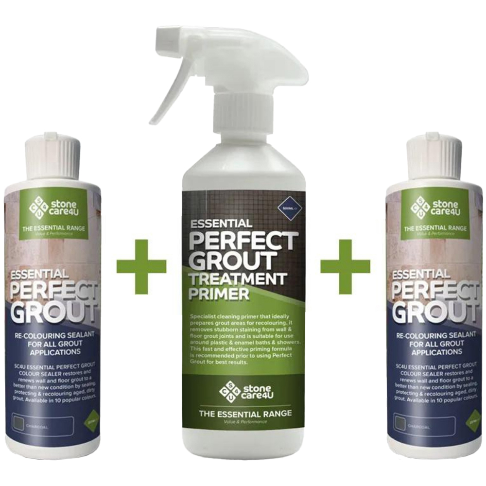 StoneCare4U Essential Charcoal Perfect Grout Sealer 237ml 2 Pack and Primer 500ml Bundle Image 1