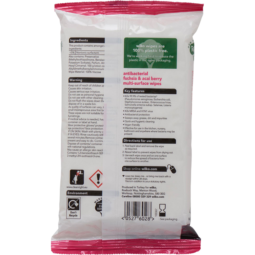 Wilko Fuchsia and Acai Berry Antibacterial Multi-surface Wipes 40 Pack Image 3