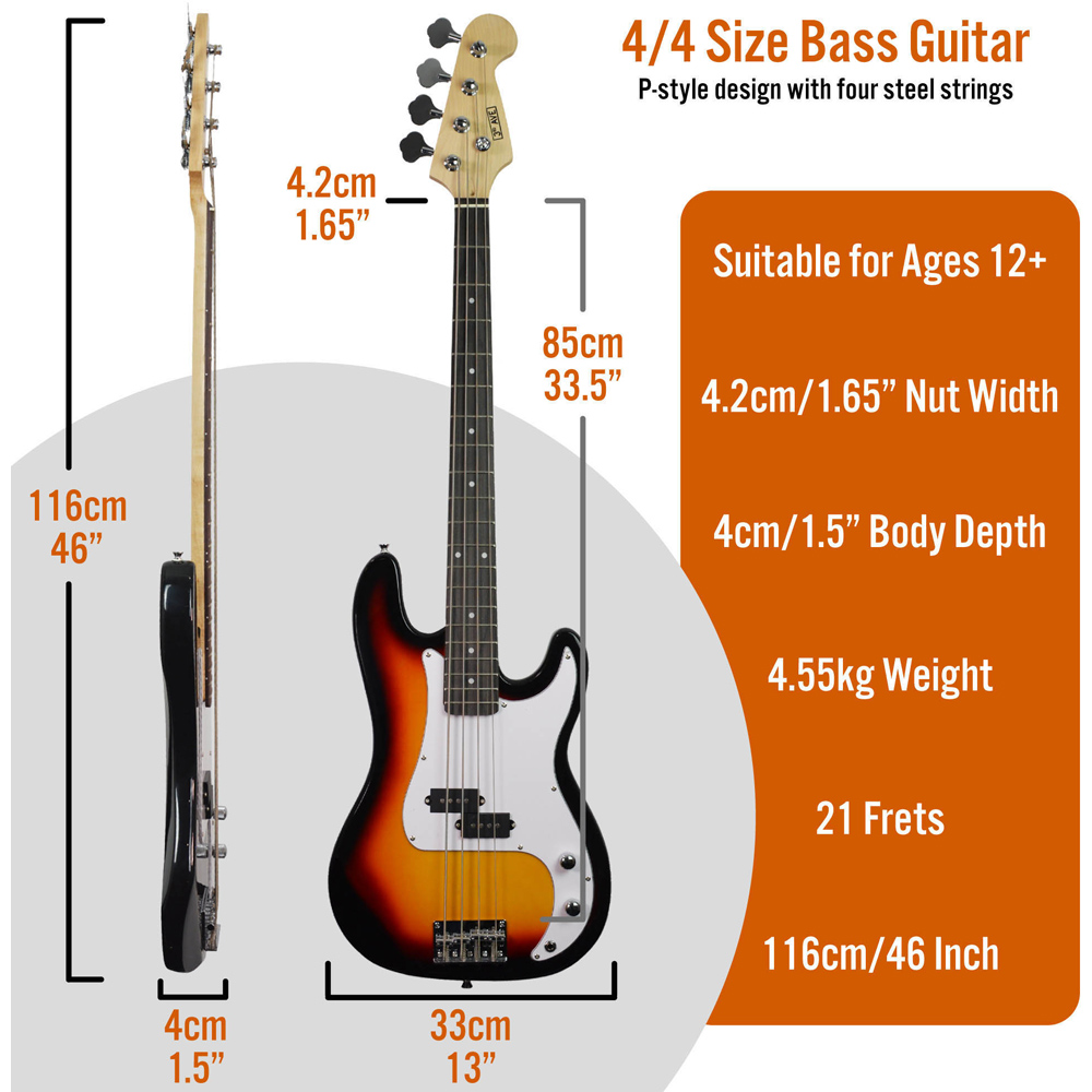 3rd Avenue Sunburst Full Size Electric Bass Guitar Set Image 6
