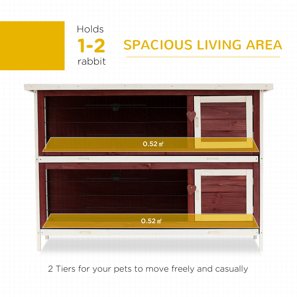 PawHut 2 Tier Wooden Rabbit Hutch with Slide-Out Trays and Open Roof Image 4