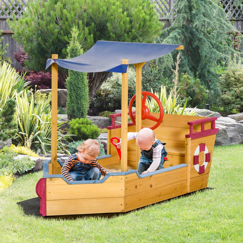 Outsunny Kids Wooden Pirate Sandbox with Canopy Image 2