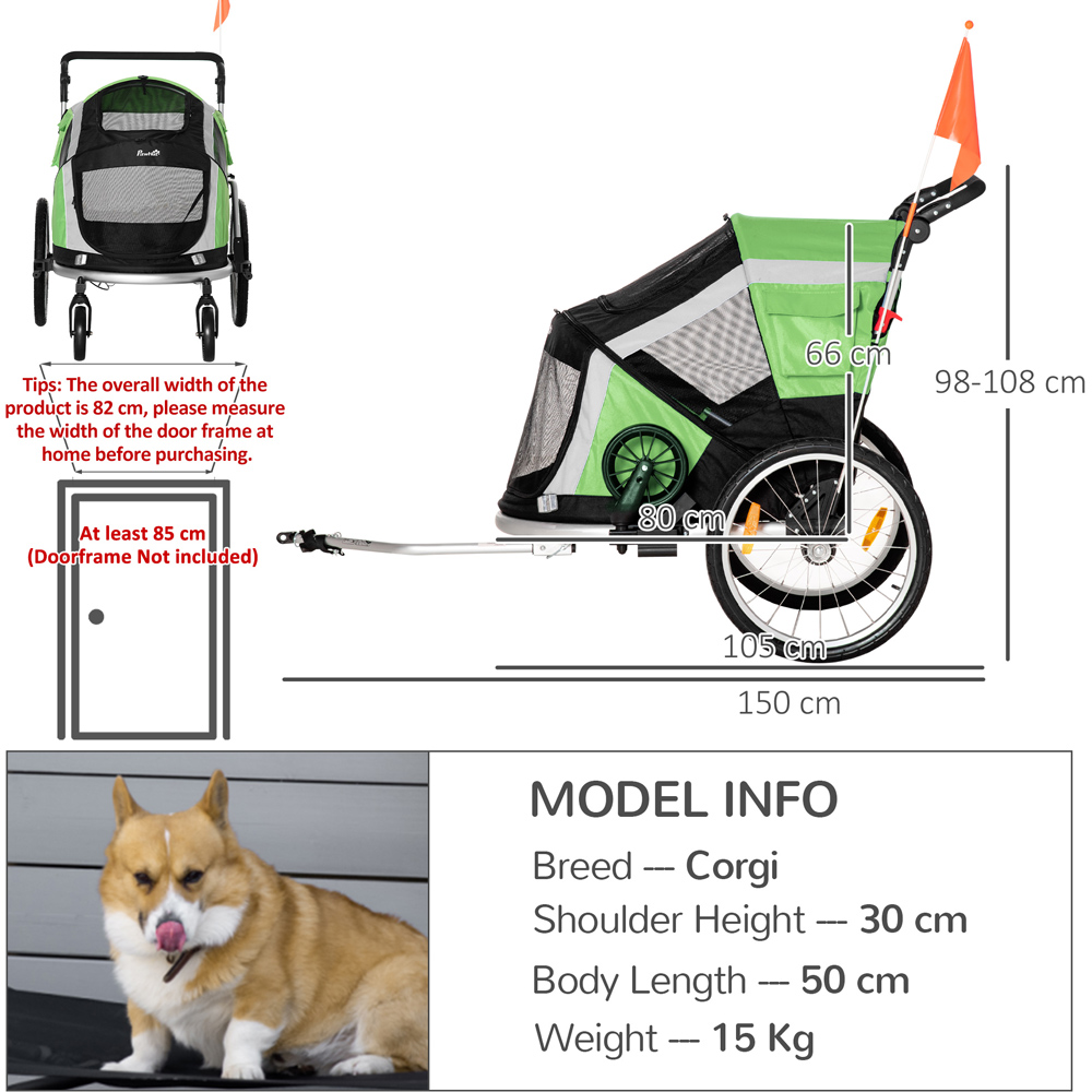 PawHut 2 in 1 Green Dog Trailer with Hitch Image 8