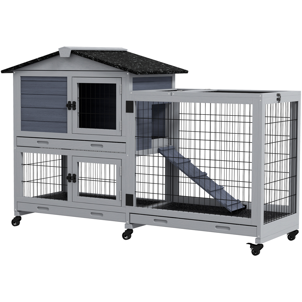 PawHut Grey Wooden Pet Hutch with Wheels Image 1