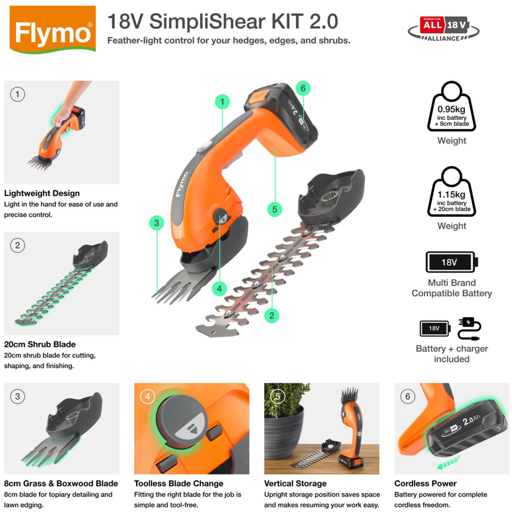 Flymo 970725601 18V SimpliShear Hedge and Grass Shrubber Kit Image 5