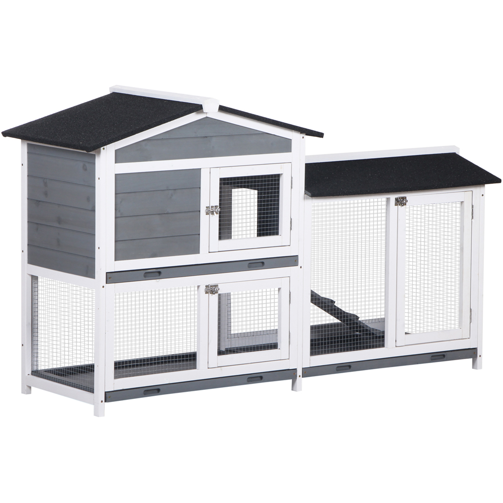 PawHut 2 Tier Wooden Rabbit Hutch with Ramp Image 1