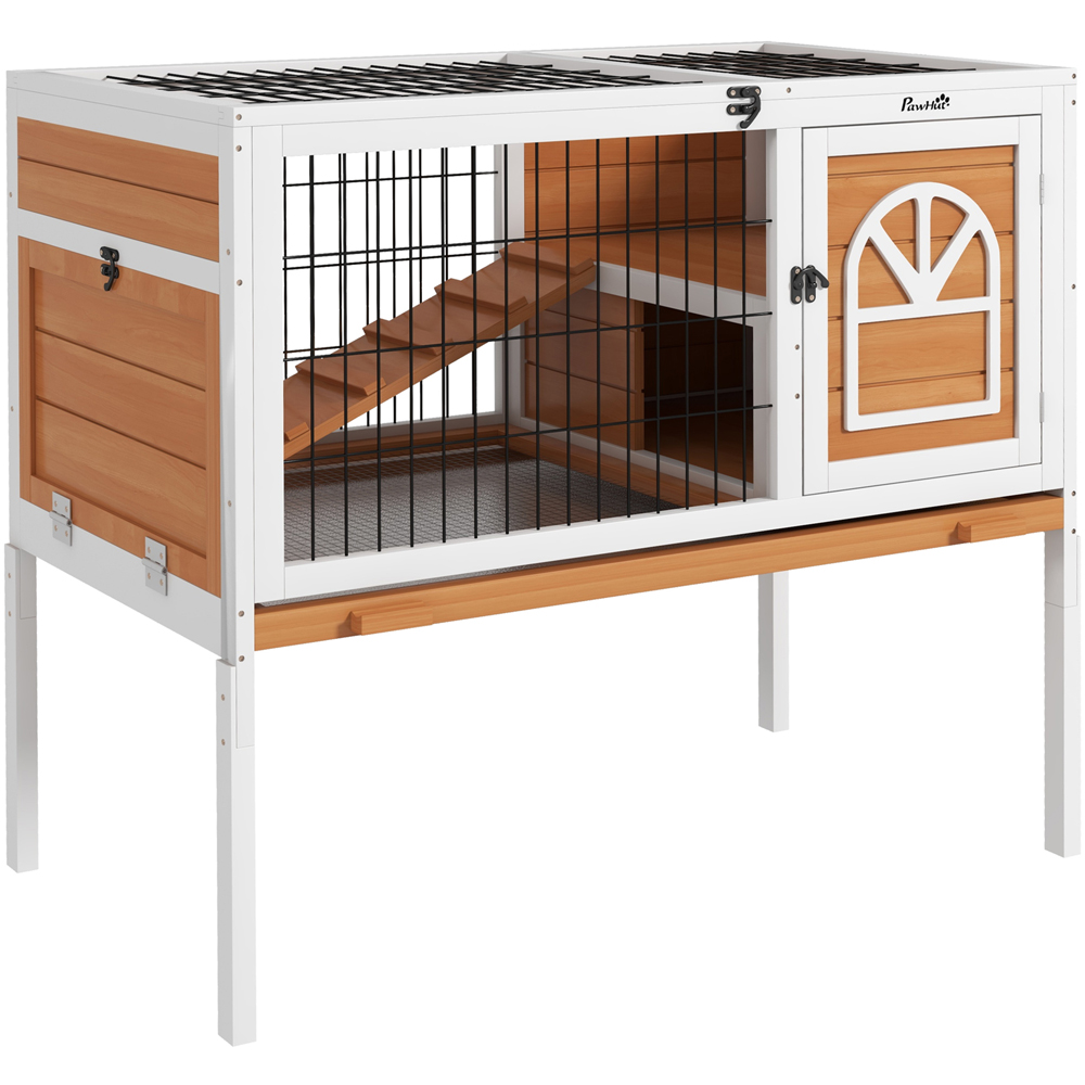 PawHut White 2 Tier Wooden Rabbit Hutch with Openable roof Image 1