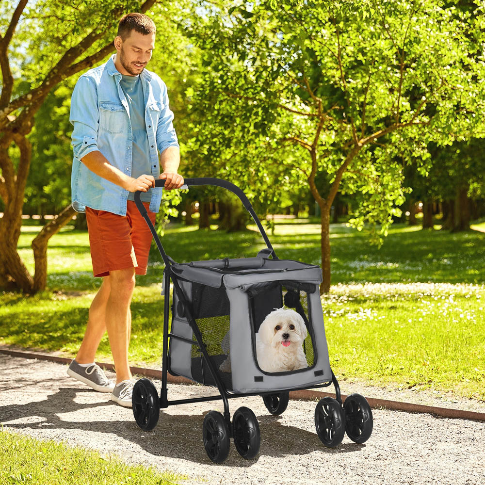 PawHut Grey Foldable Pet Stroller with Mesh Window Image 2