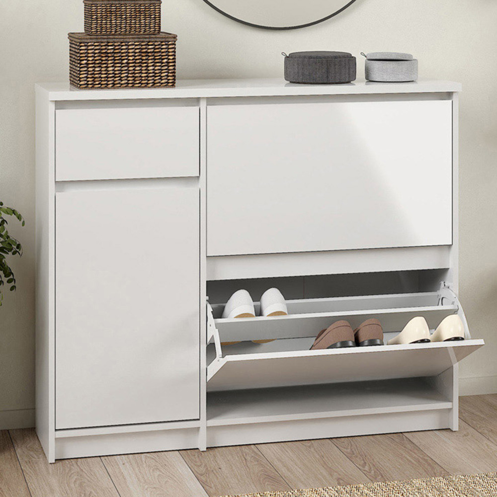 Florence Single Door 3 Drawer White High Gloss Shoe Cabinet Image 1