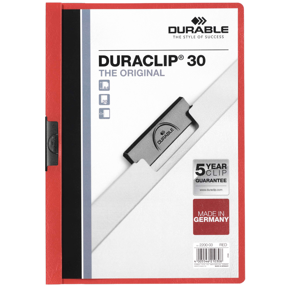 Durable Duraclip A4 Red 30 Document Folder with Metal Clip 25 Pack Image