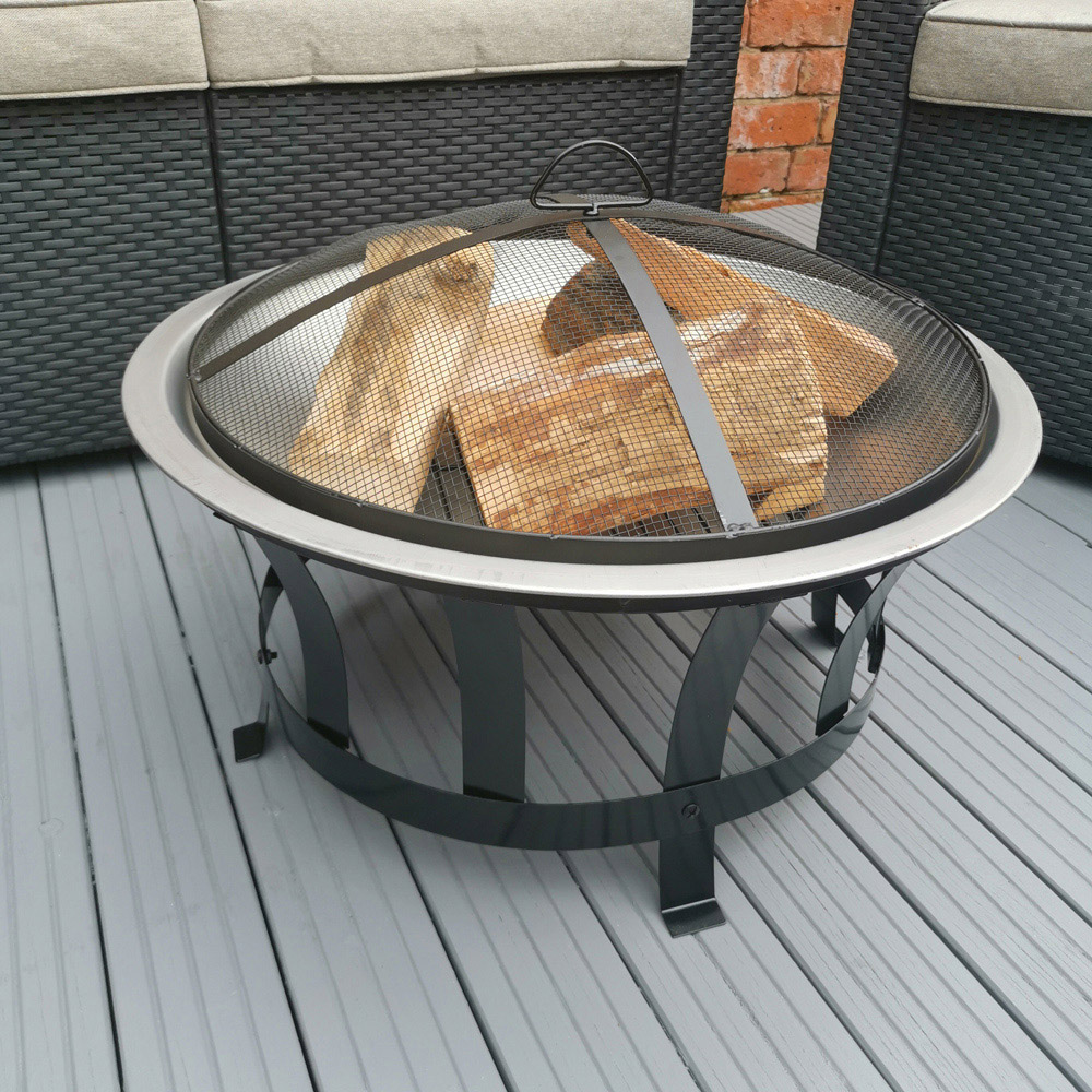 Samuel Alexander Silver Steel Round Fire Pit with BBQ Grill Image 5