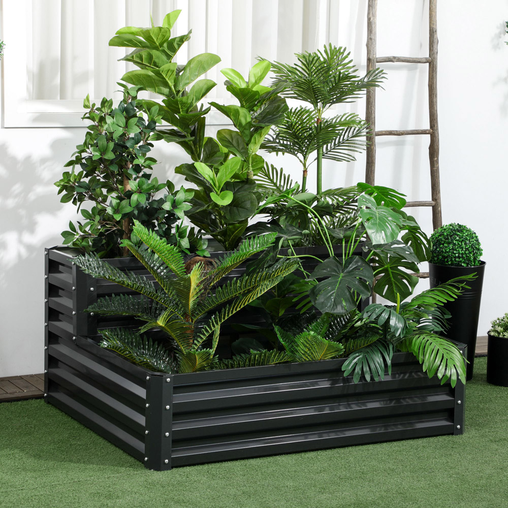 Outsunny 2 Tier Dark Grey Galvanised Raised Garden Bed Planter Box Image 2