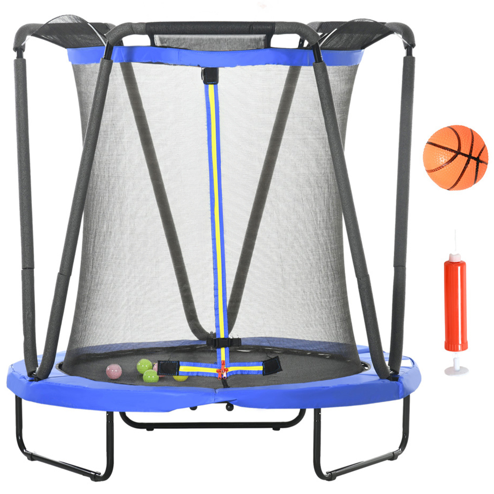ZONEKIZ 4.6ft Blue Kids Trampoline with Enclosure Basketball and Sea Balls Image 1