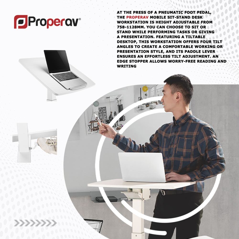 ProperAV Mobile Sit or Stand Variable Height Trolley Workstation White Image 8