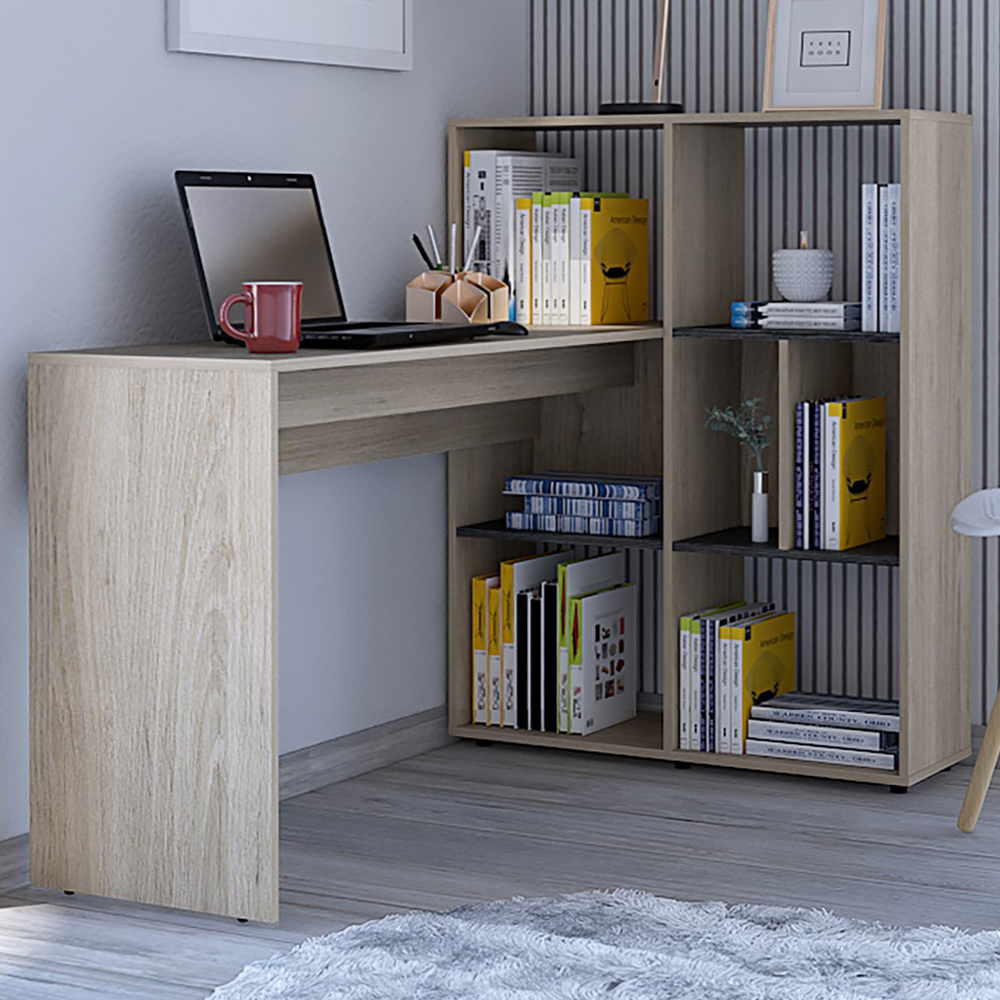 Core Products Harvard 5 Shelf Washed Oak and Carbon Grey Desk with Bookcase Image 1