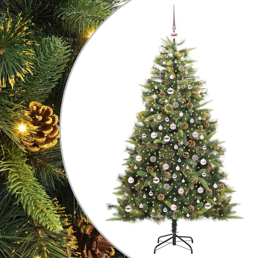 vidaXL Pre-Lit Pink Baubles and Pinecones Green Artificial Christmas Tree 7ft Image 2