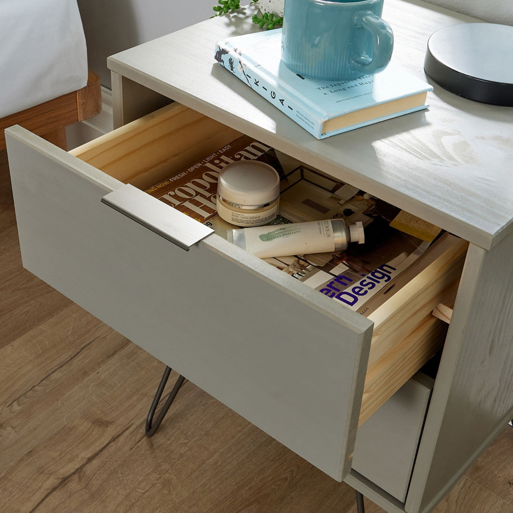 Home Source Acadia 2 Drawer Grey Bedside Table with Metal Hairpin Legs Image 3