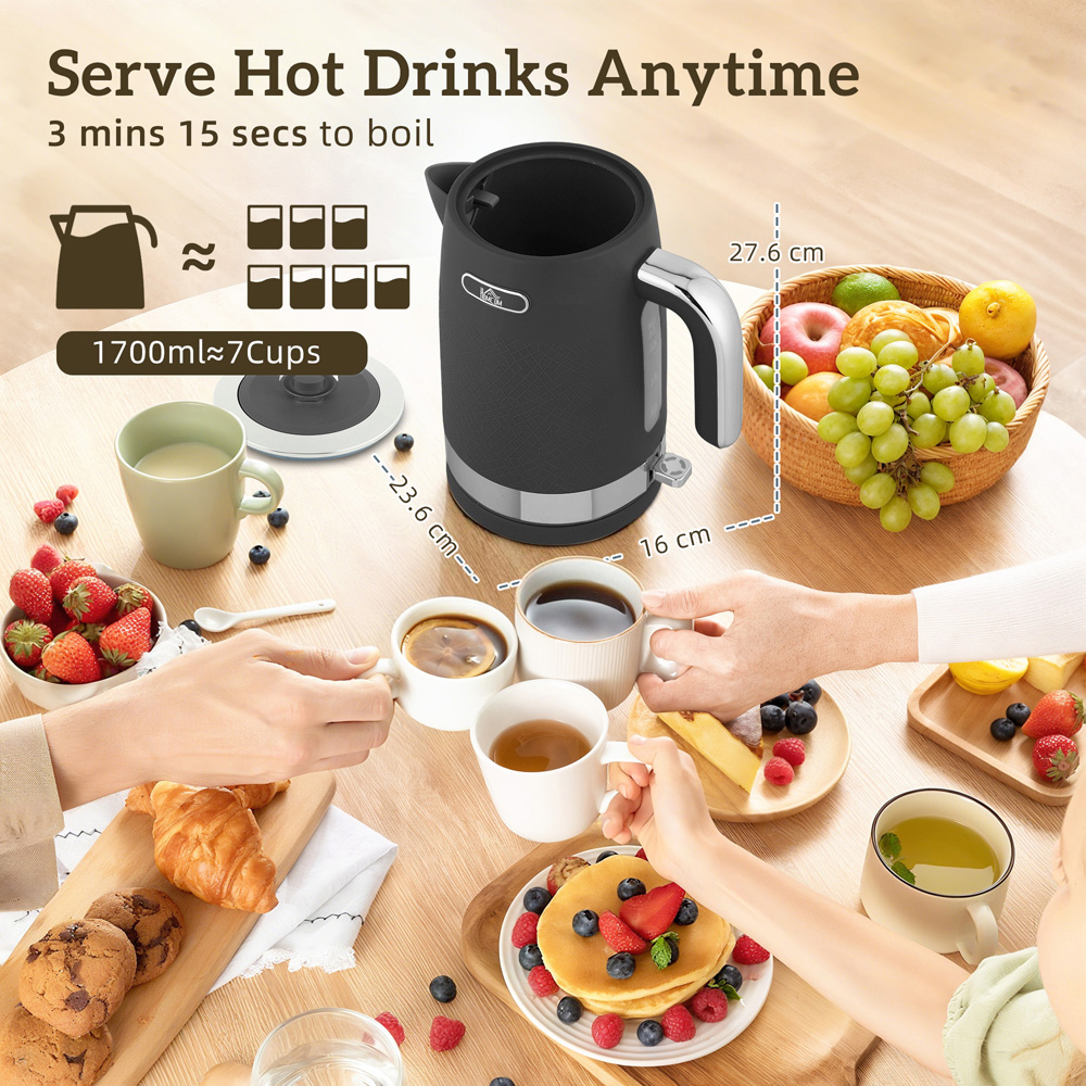 HOMCOM 800-281V70BK Black Rapid Boil 1.7L Kettle and 2 Slice Toaster Set Image 4