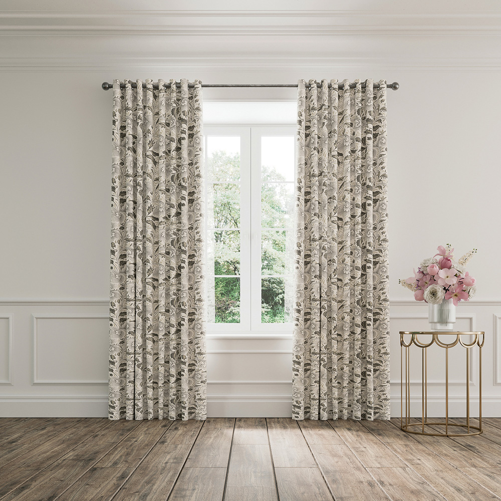 V&A Ornamental Bloom Linen and Grey Lined Blackout Pencil Pleat Curtains 229 x 137cm Image 4