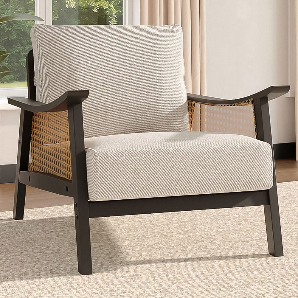 Living and Home Black Fabric Cushion Mid Century Rattan Chair Image 1