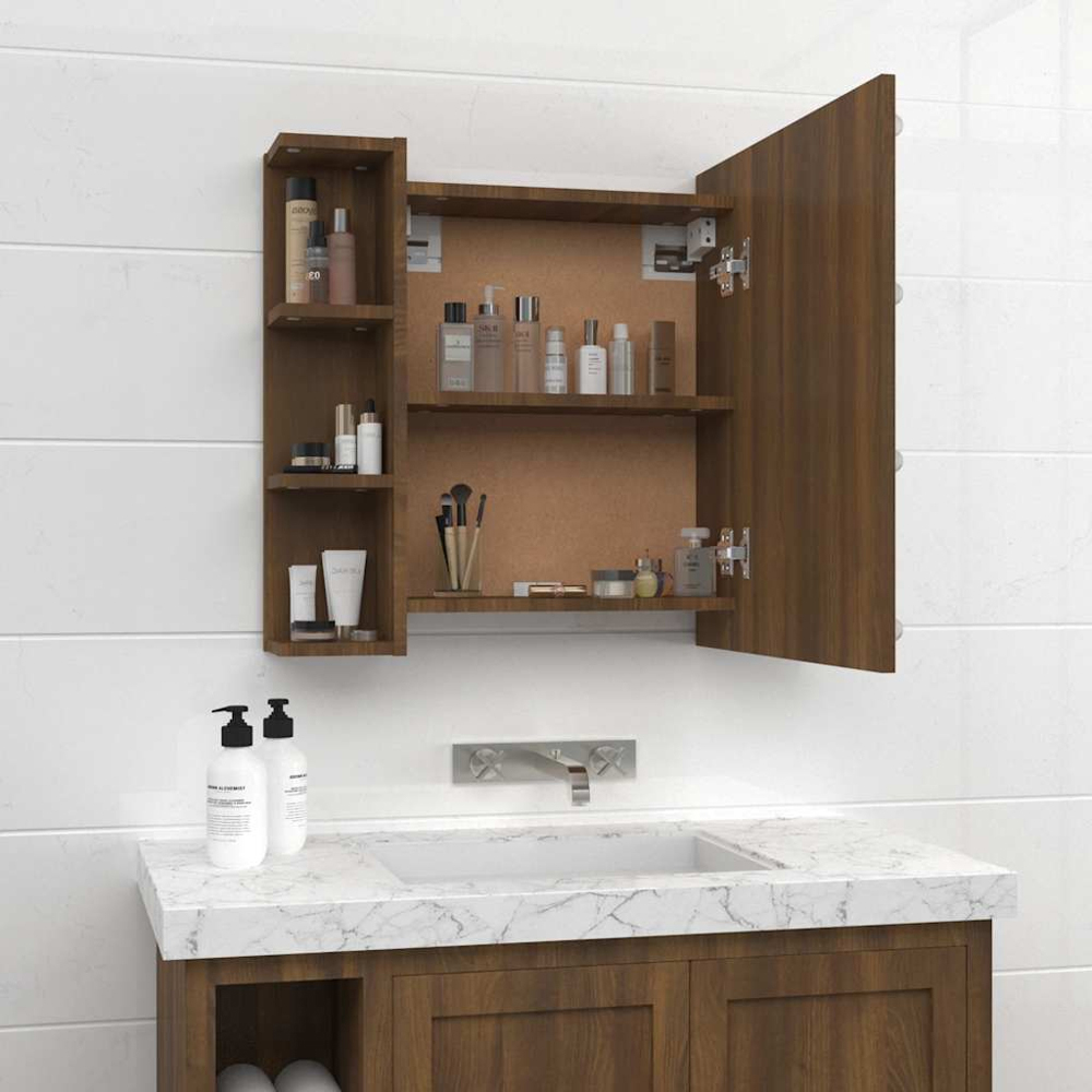 vidaXL Single Door 6 Open Shelf Brown Oak LED Mirror Bathroom Cabinet Image 9