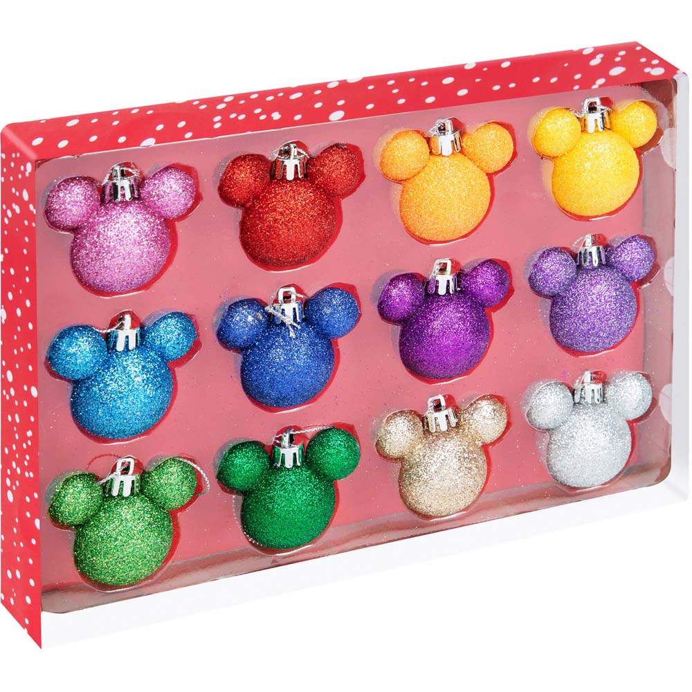 Disney Mickey and Minnie Glitter Finish Multicolour Baubles 12 Pack Image
