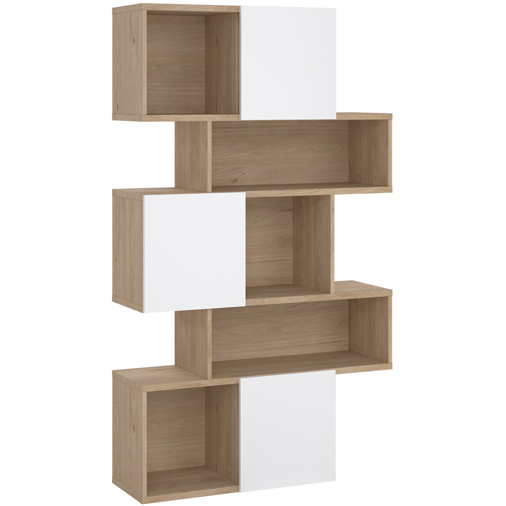Furniture To Go Maze 3 Door 5 Shelf Jackson Hickory and White High Gloss Asymmetrical Bookcase Image 2